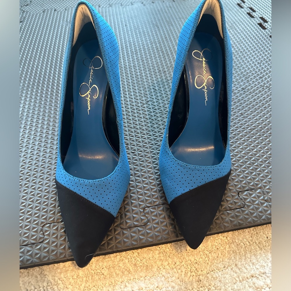 Jessica Simpson cobalt blue and black stiletto pumps high heels